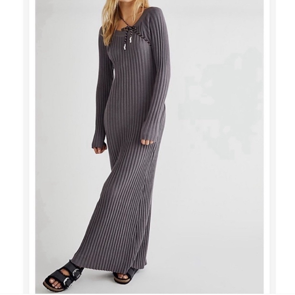 Free People Beach Walk About Maxi Dress Sz M Sage Green Ribbed Cotton Bohemian